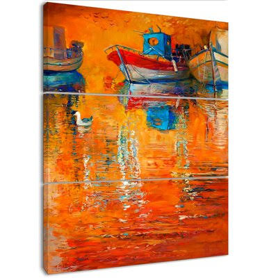 &Golden Sunset Over Fishing Boats& Oil Painting Print Multi-Piece Image on Wrapped Canvas East Urban Home