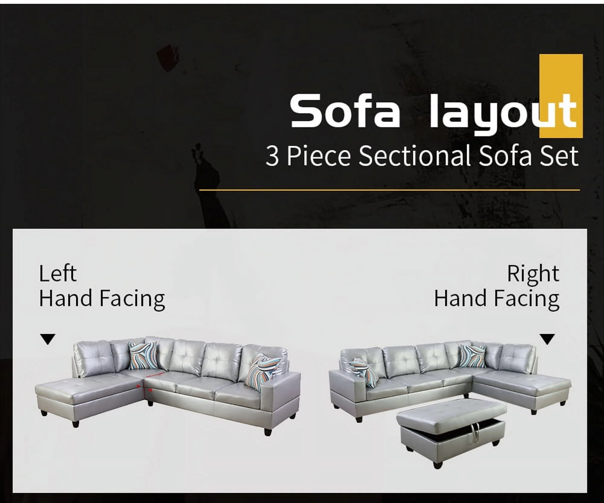 PonLiving Furniture Tyisha 103.5'' Sectional Sofa with Storage Ottoman, Left & Right Hand Facing, Leather Upholstered