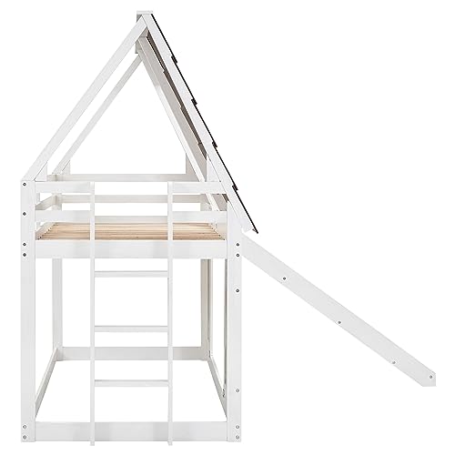 Twin-Over-Twin House Bunk Bed with Storage, Wooden Bunk Beds Frame with Staircase Compatible with, Teens, No Box Spring Needed(Gray+White) ，Queen Bed, YY-991