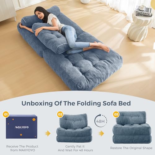 MAXYOYO Folding Sofa Bed, Convertible Sleeper Chair with Pillow Foldable Mattress with Back Support, Portable Fold Out Sofa Couch Fuzzy Fabric Comfy Floor Sofa Lounge for Living Room Apartment, Beige