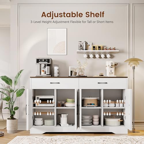 55" Sideboard Buffet Cabinet with Storage, Large Kitchen Storage Sideboard with Drawers & Doors, Modern Wood Farmhouse Coffee Bar Cabinet, Buffet Table for Kitchen, Dining Room, Living Room, White