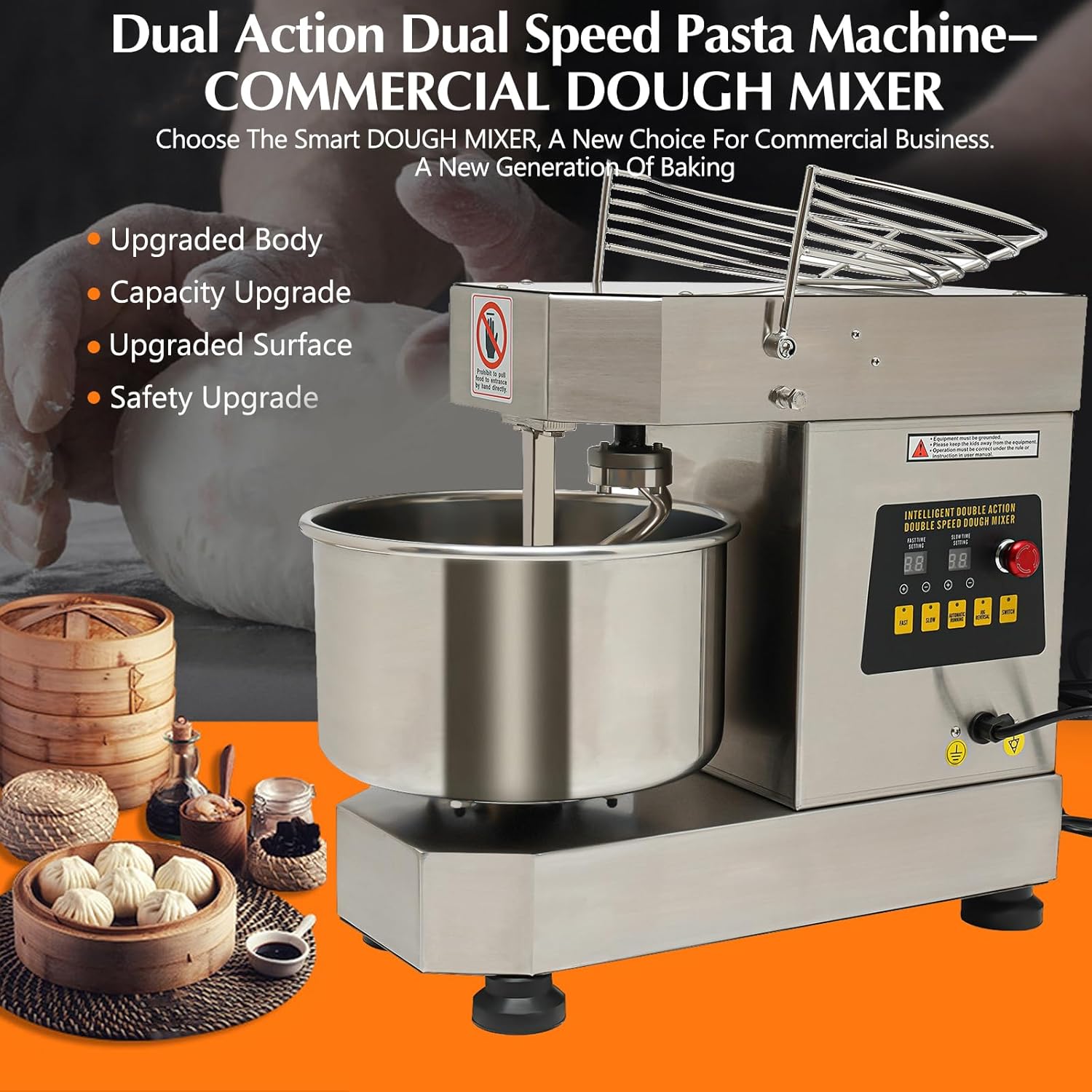 Commercial Food Mixer, 10.5Qt Capacity, Spiral Mixer 1000W Dual Rotating Dough Kneading Machine with Food-grade Stainless Steel Bowl, Security Shield & Timer Included, Baking Equipment for Restaurant