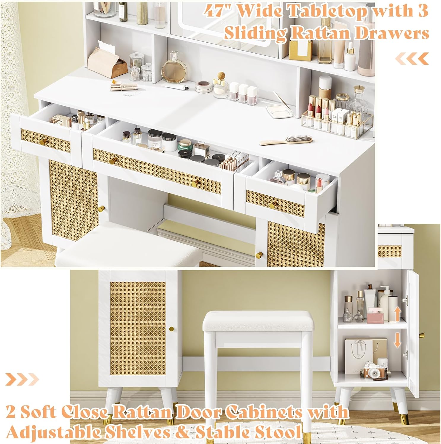 AMERLIFE 47in Rattan Makeup Vanity Desk with Mirror and Lights, Modern Big Vanity Table with Drawers & Shelves, Boho Vanity Set with Rattan Door Cabinets for Women, Bedroom, Stool Included, White