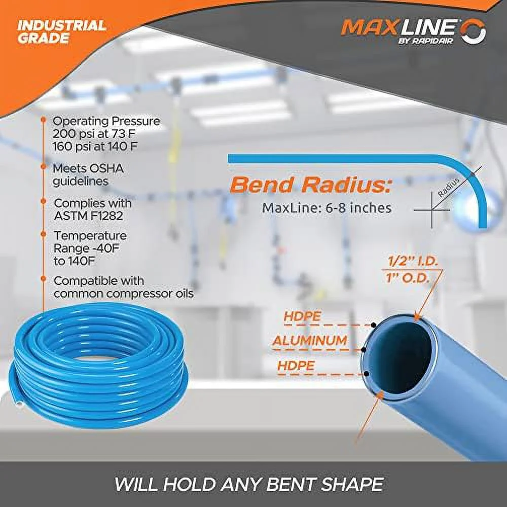 Pressured Leak-Proof Easy To Install Air Compressor Accessories Kit Piping System | 1/2 Inch X 100 Feet HDPE-Aluminum | Connects W/ Any Air Compressor Hose | 100 PSI | 35 Pieces | M3800.