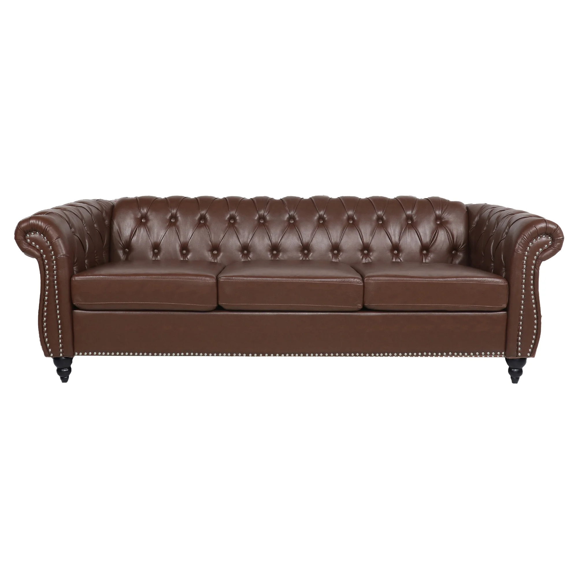 Yocwo 84" Faux Leather Sofa Couch,3 Seater Chesterfield Sofa,Upholstered Rolled Arms Sofa with Nailhead Trim for Living Room, Brown