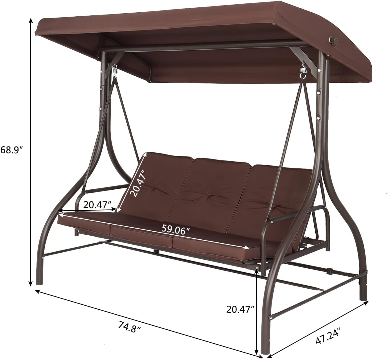 NA Steel Swing Load Bearing 551-pound,Porch Swing Outdoor Patio Swing Seat with Comfortable Cushion and Adjustable Waterproof Canopy Swing Chair,Garden 3-Seater Brown, 74.8''*47.24''*68.9''