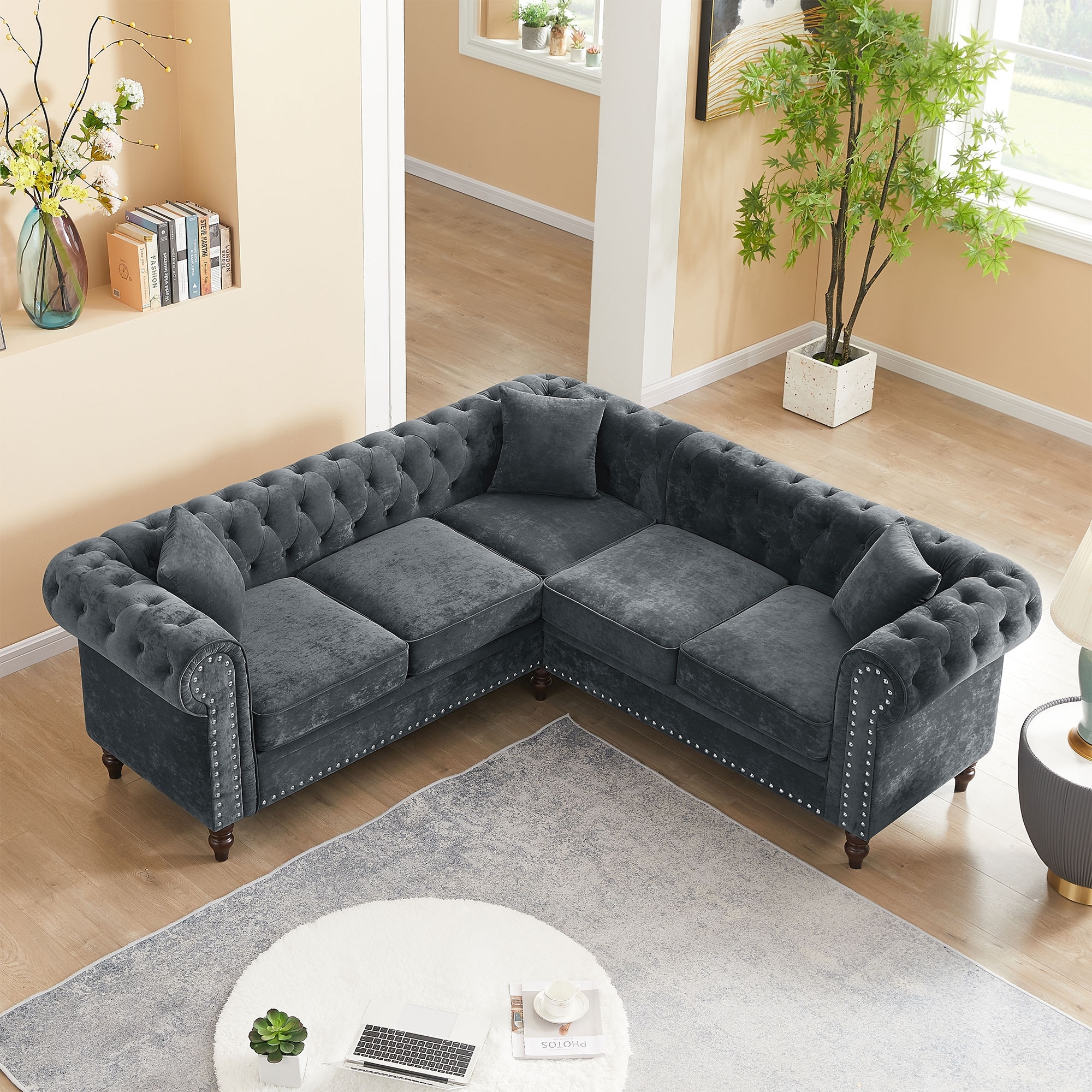 80" Button Tufted Upholstered Luxury Classic Chesterfield L-Shaped Sofa, Grey