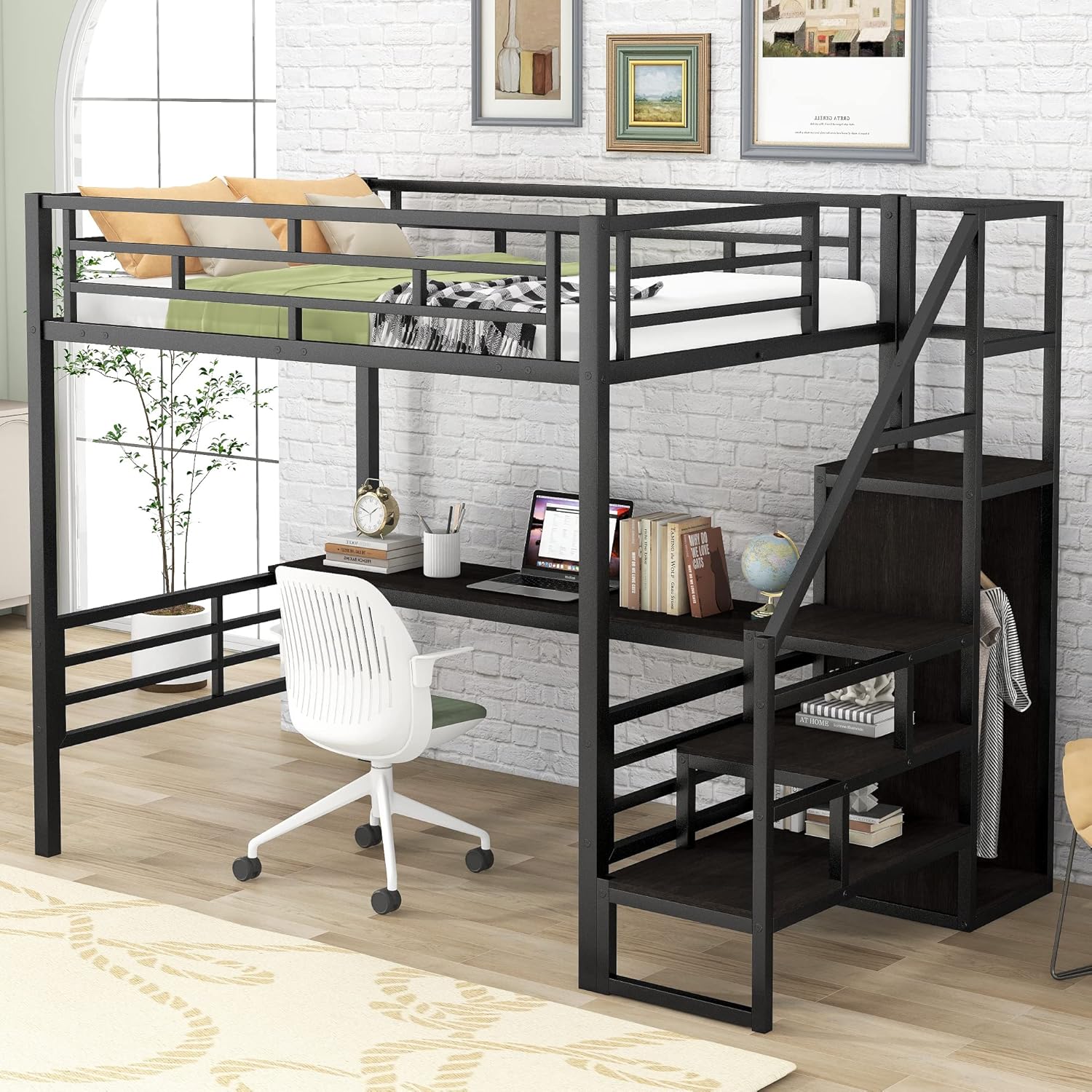 Multifunctional Design Full Size Metal Loft Bed with Desk, Convertible Storage Staircase and Small Wardrobe, Full-Length Guardrails on Upper Bed, 94.3" L x 56.5" W x 70" H Black