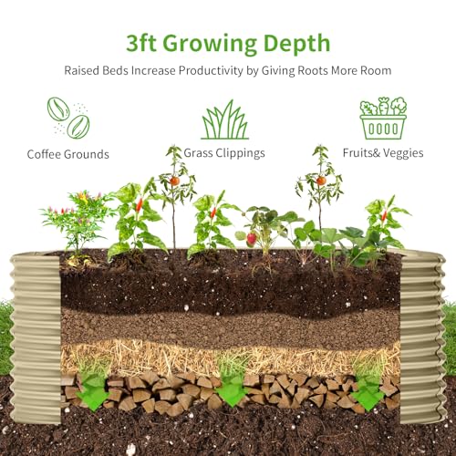 Land Guard 8x4x3ft Oval Galvanized Raised Garden Beds, Large-Capacity Metal Planter Box Outdoor, Durable Deep Raised Garden Bed 3ft Tall, Raised Beds for Gardening Vegetables, Cream Yellow