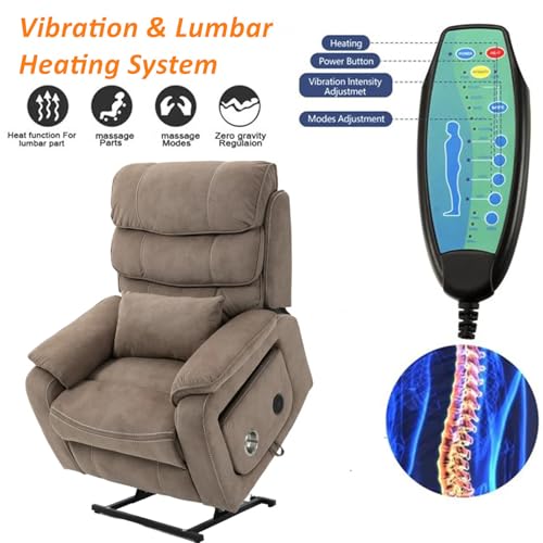Light Grey Recliner Chair for Elderly | Tall and Big Man 400lbs | Chenille | Power Lift, Lay Flat, Stand Up, Wireless Charging Device, Extended Footrest, Massage Heat, Cup Holder, Lumbar Pillow