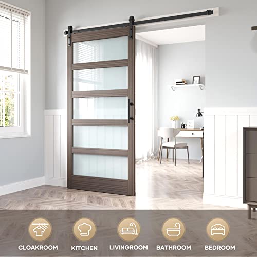 36x84 Inch Glass Sliding Barn Door Slab and 6.6ft Hardware Kit Included, 5 Frosted Glass, LVL Wood Panel Covered with White Water-Proof Scratch-Proof PVC Surface, Simple DIY Assembly