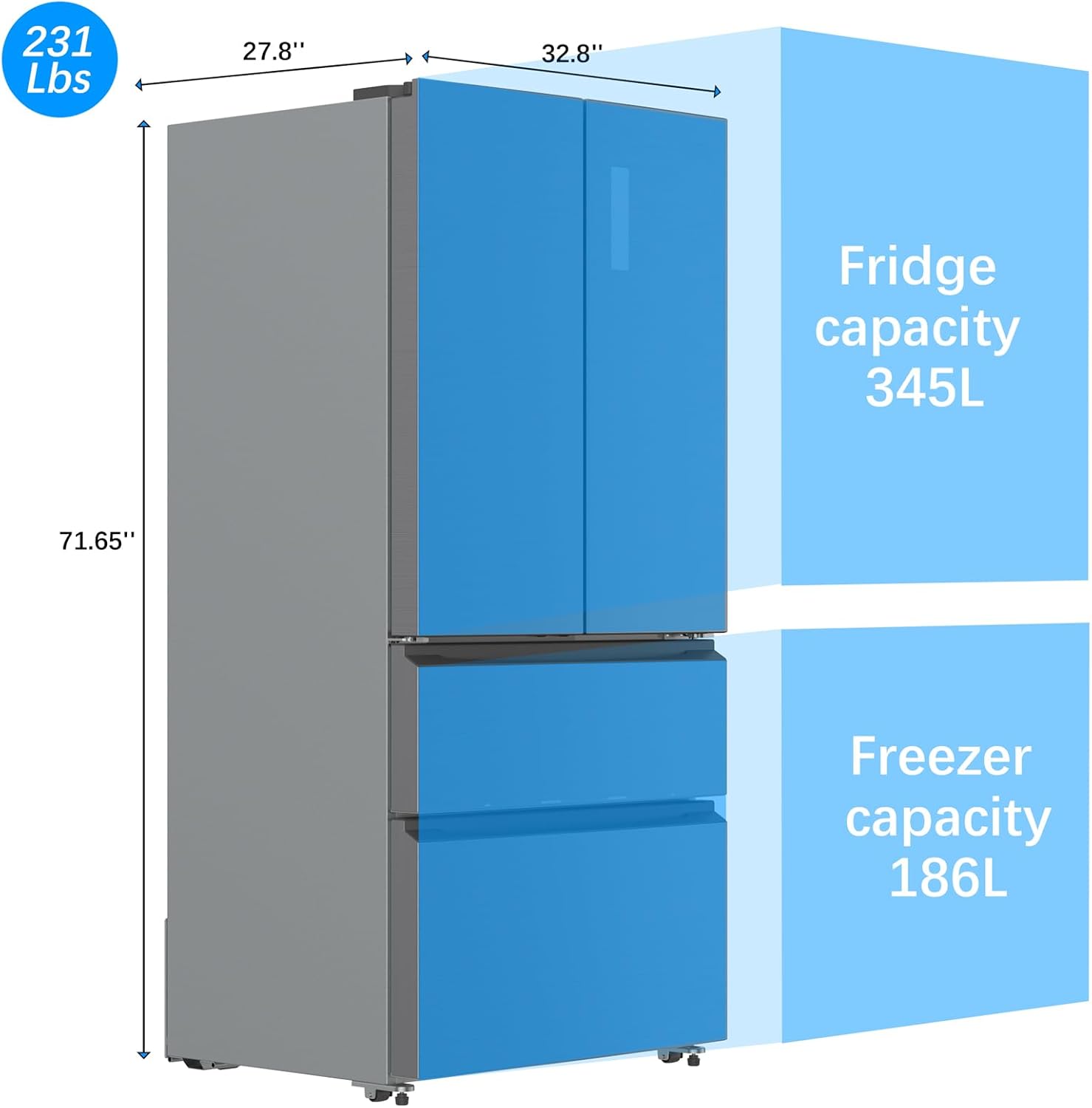 33 Inch Large Capacity French Door Refrigerator, 18.75 cu.ft Refrigerator with 2 Doors & 2 Drawers, Full Size Bottom Freezer Kitchen Fridge, Automatic Defrost, Dual Ice Maker, LED Lighting