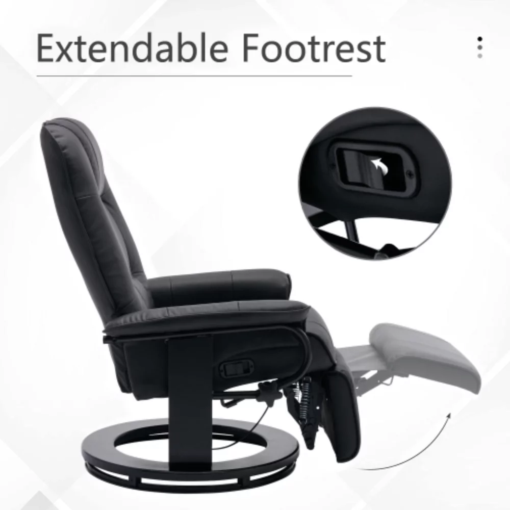 Faux Leather Manual Recliner,Adjustable Swivel Lounge Chair with Footrest,Can Rotate 360 Degrees,L-right Angle Curved Wooden Frame, Armrest and Wrapped Wood Base for Living Room,Black