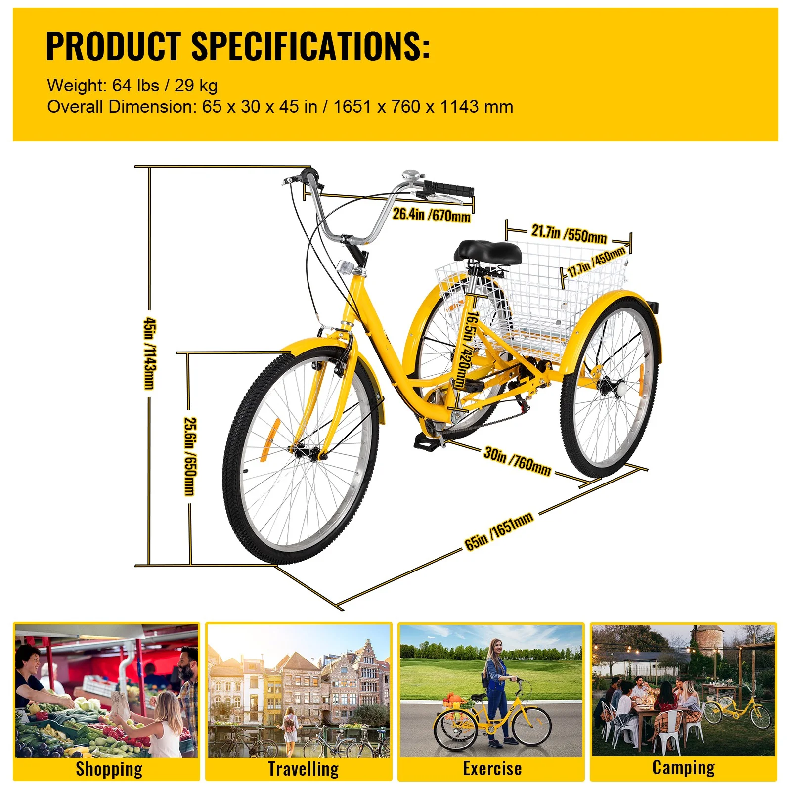 SKYSHALO Adult Tricycle 26in Adjustable Trike 7 Speed 3-Wheels Cruise Bike with Bell, Rear Brake System Cruiser Bicycles Large Size Basket for Shopping