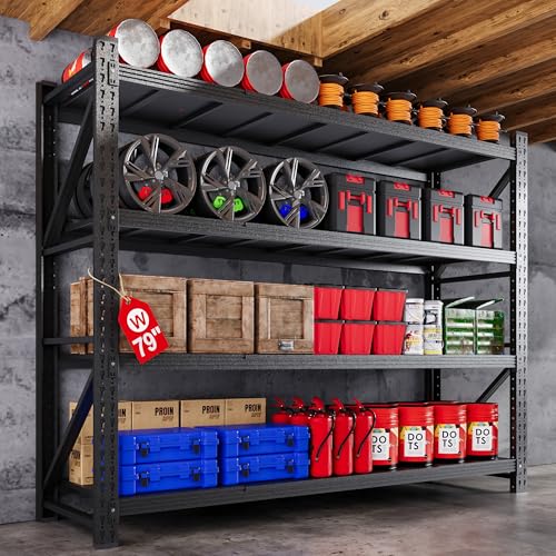 71” W Storage Shelves Heavy Duty, 5000LBS Metal Garage Shelving Units, 4 Tier Storage rack shelf, Steel Industrial Shelving , Adjustable Standing Shelf for Basement/Warehouse 71"W x 24"D x 70"H, Black