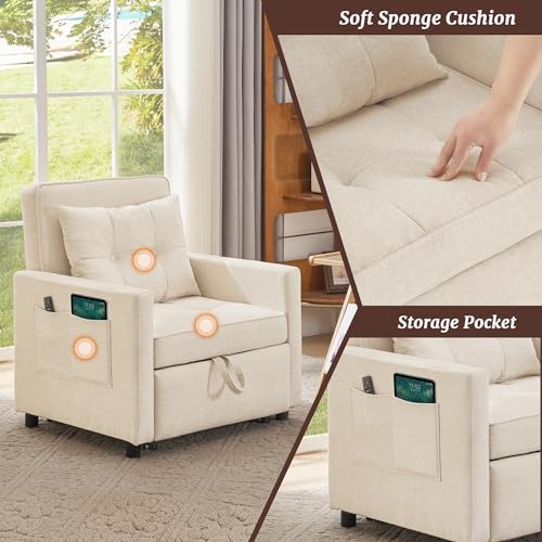 Sofa Bed Chair, 3 in 1 Convertible Sleeper Chair Bed for Adults, Pull Out Chair Sleeper, Adjustable Reading Chair with 2 Pillows and Backrest, Multi-Functional Couch Bed for Small Space