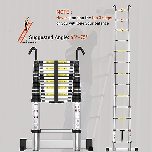 Telescoping Ladder with Hooks 12.5 FT - Aluminum Telescopic Ladder with Stabilizer - Retractable Extension Ladders for Home Loft Roof RV Work with EN131 Certification - 330lbs Max Capacity