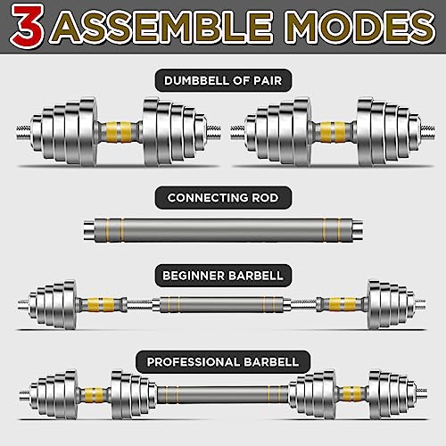 Adjustable Dumbbell Set - 44/66 LBS weights set, Dumbbell Barbell 3 in 1, Steel Dumbbells Pair with Connecting Rod for Adults Women Men Fitness Workout, Home Gym Exercise Training Equipment