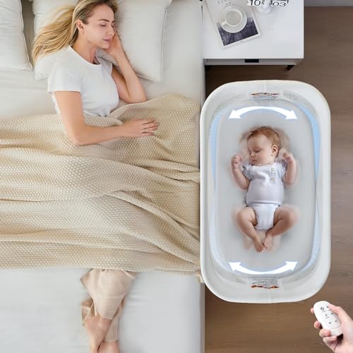 Rocking Bassinet for Baby 3 Speeds, Smart Motion Detection, Electric Bedside Sleeper with 8 Soothing Music, Auto Bedside Crib for Infant, Grey
