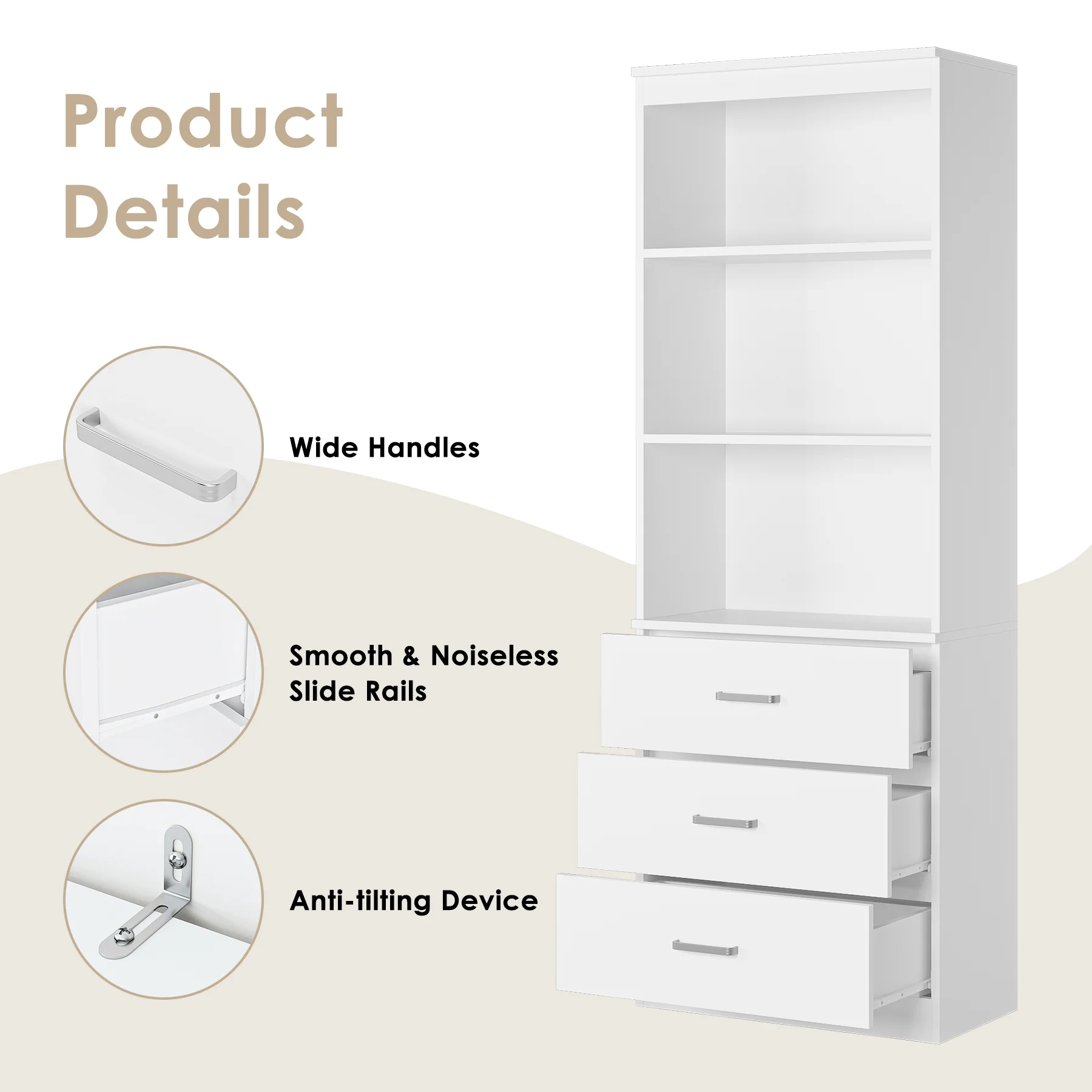 Homfa 71" Tall Bookcases with 3 Large Drawers, 3 Tier Wooden Storage Bookshelf for Living Room Home Office, White - Curated Treasures Market