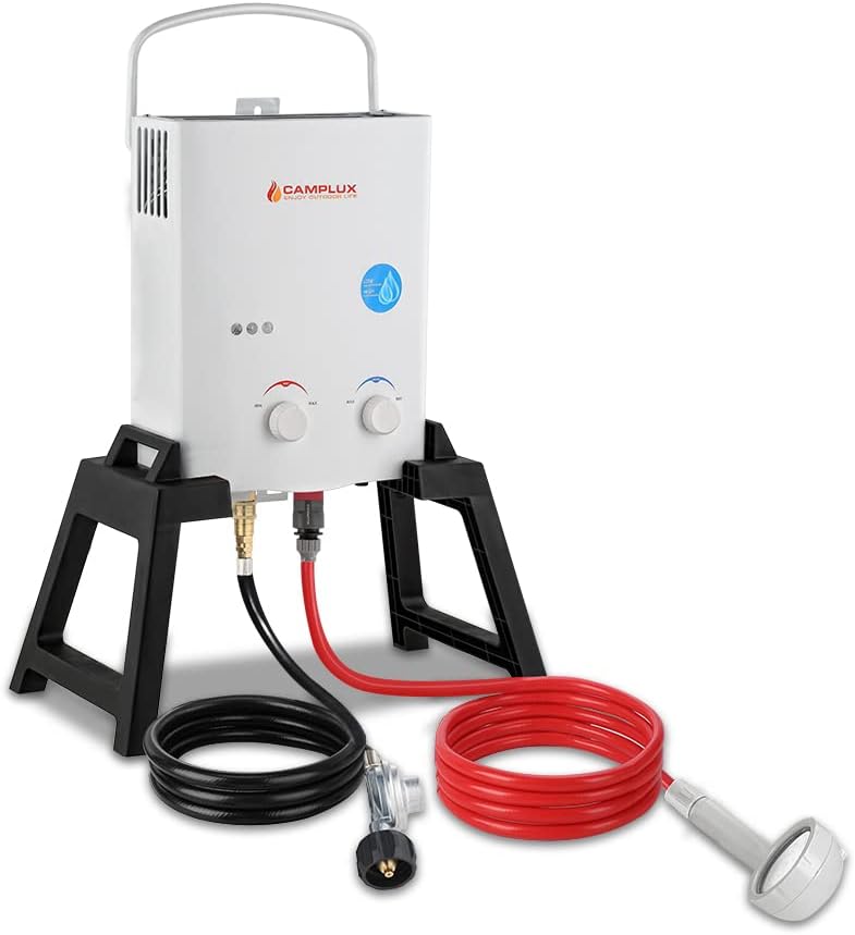 Camplux 1.32 GPM Portable Outdoor Tankless Water Heater Propane Instant Hot Camping Shower w/Freestanding Stand and Carry Bag, Gray