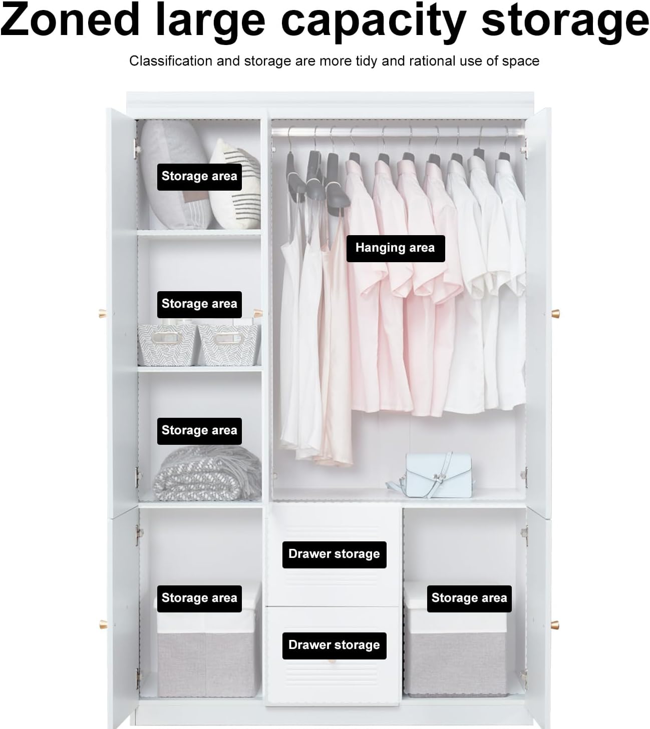 3 Door Armoire Wardrobe Closet, Wooden 2 Drawers White Closet Cabinet for Large Capacity with Hanging Rod and 5 Storage for Tall Cabinet Closet 47.3" L x 20.3" W x 74.2" H