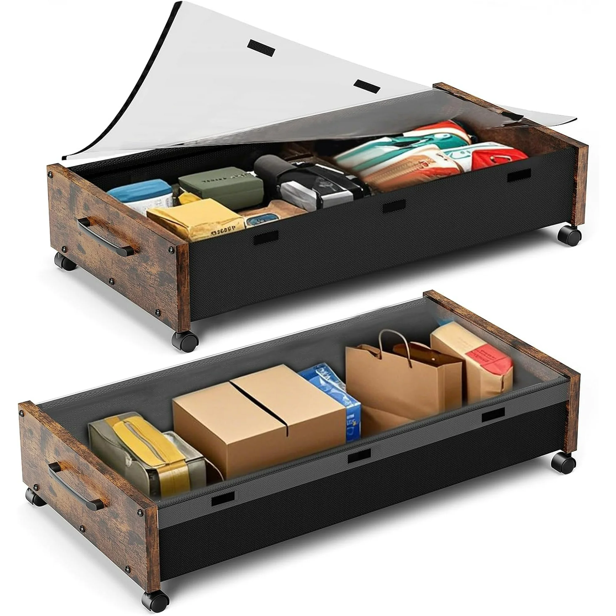 Under Bed Storage with Wheels,2 Pack Under Bed Shoe Storage, Under the Bed Storage Drawers with Remove Window, Extra Large Rolling Under Bed Storage Metal Drawer for Clothes (Black-2 pack)