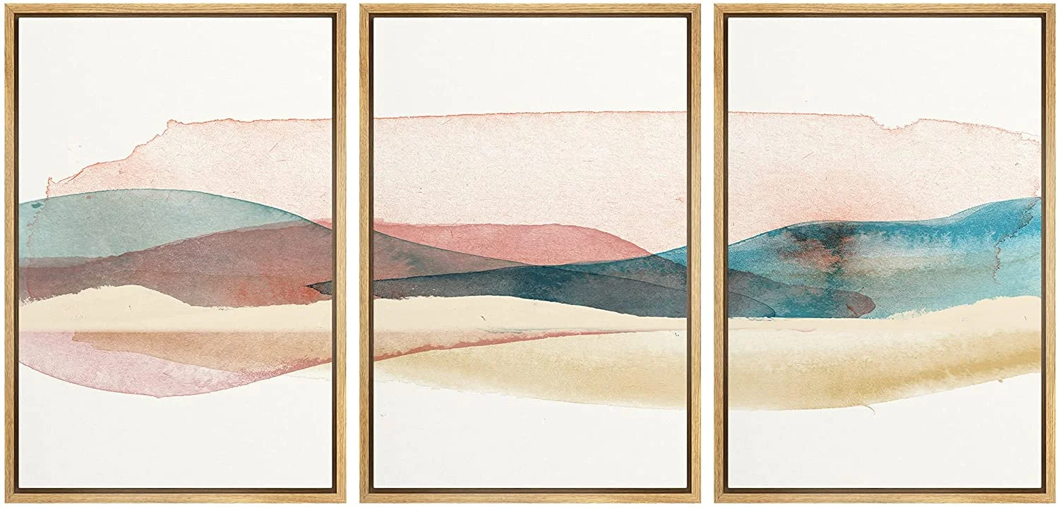 PixonSign Framed Canvas Wall Art Set of 3 Abstract Mountain Nature Painting Canvas Prints Watercolor Landscape Modern Art for Living Room Bedroom Office - 24"x36"x3 Natural