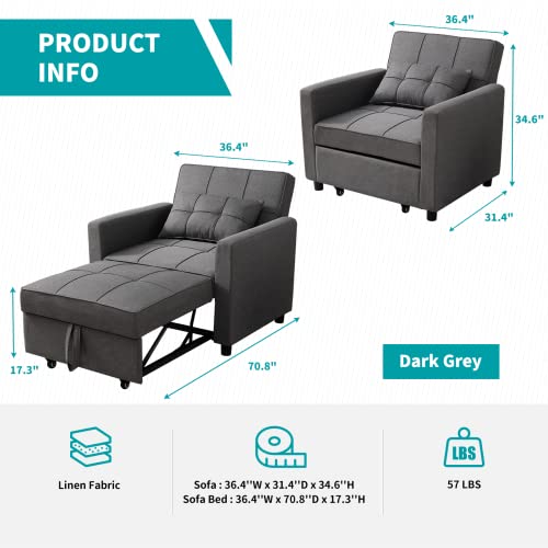 BALUS Comfortable Futon Sofa Bed, 3-in-1 Folding Sleeper Chair Bed, Studio Sectional Sofa Couch, Rv Couch Bed, Dark Grey