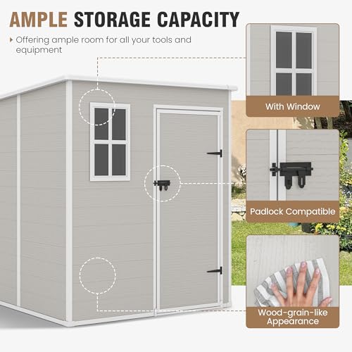 Outdoor Storage Shed, 6x6 FT Resin Shed with Floor and Lockable Door, Window, Vents, Tool Sheds and Outdoor Storage for Bike, Garden Accessories, Tools, Waterproof (Grey & White)