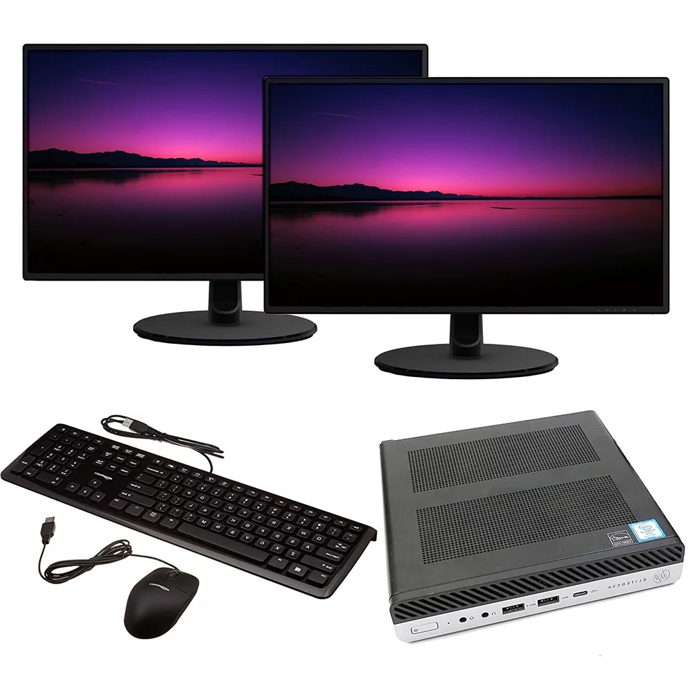 HP EliteDesk 800 G3 Micro Desktop Computer Intel Core i5-6500T 2.5GHz 8GB RAM 256GB SSD Keyboard and Mouse Wi-Fi Dual 22" LCD Monitors Windows 10 Pro PC