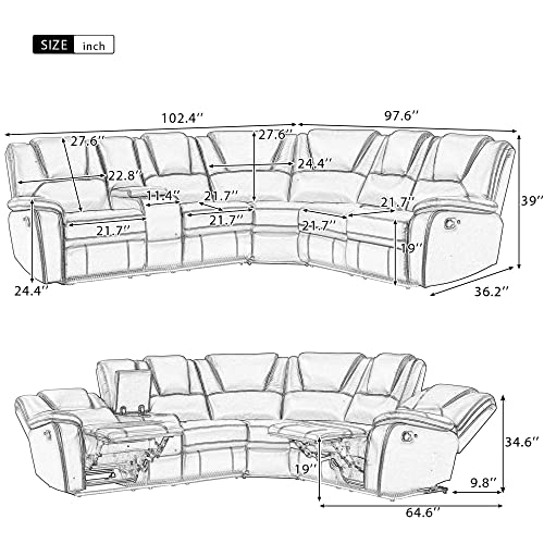 PU Leather Living Room Set Manual Reclining Sectional Sofa w/Infinite Lounge&Metal Frame for Home Office,Multi-functional Leisure Sofa Recliner Couch w/LED,Cup Holders&Hidden Arm Storage for 6 (Brown)
