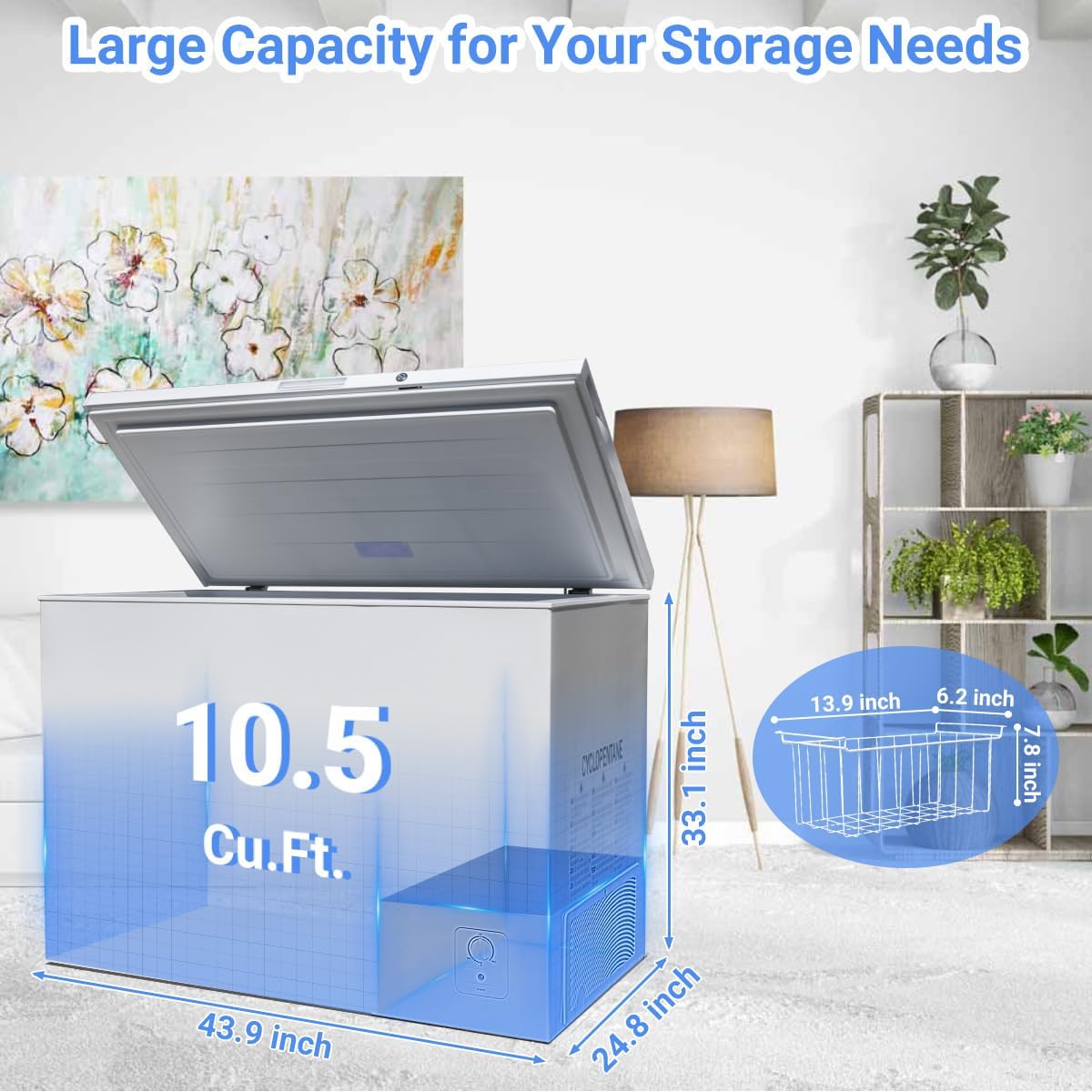 Smad Chest Freezer 10 Cu. Ft. Large Deep Freezer with Lock and Adjustable Thermostat, Low Noise, Garage Ready Chest Freezer for Home, Kitchen, and Basement, White