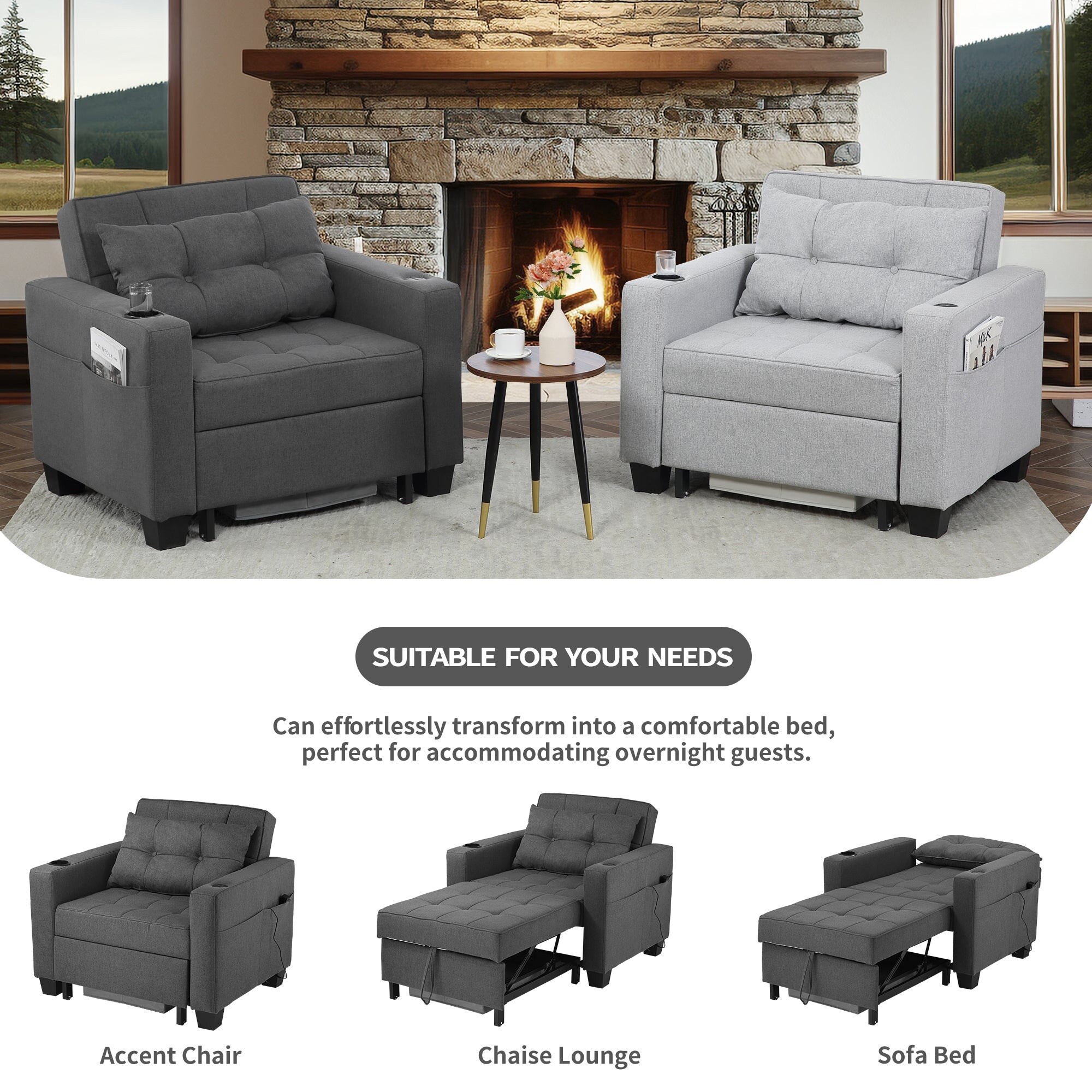 DURASPACE  Futon Chair Bed Convertible Chair 3-in-1 Pull Out Sleeper Chair Beds for Living Room Dark Gray Linen