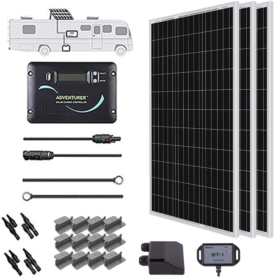 Renogy 400 Watts 12 Volts Monocrystalline Solar RV Kit Off-Grid Kit with Adventurer 30A PWM LCD Charge Controller+ Mounting Brackets+ Male and Female Connectors+Solar Cables+Cable Entry housing