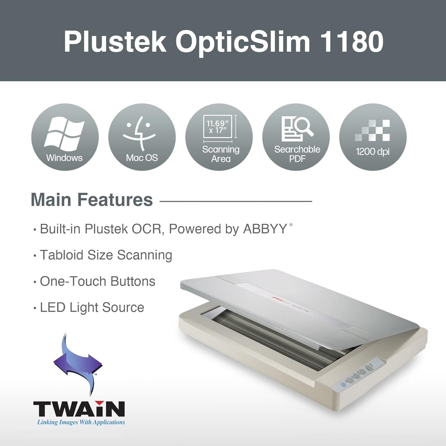 Plustek Large format Flatbed Scanner OS 1180 - A3 / Tabloid/Legal Size scan, Up to 1200 DPI scan resolution for blueprints and document. Design for Library, School and Soho, support Mac and PC
