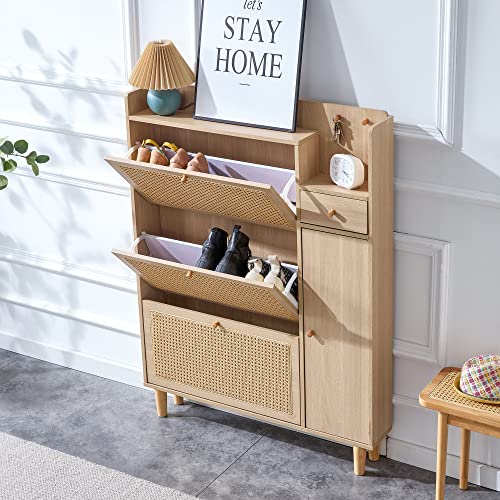 Olela Organizer Shoe Cabinet Storage with Rattan Doors & Adjustable Shelves, Modern Hidden Shoe Rack with 3 Flip Drawers & 2 Small/Large Shelves for Entryway, Front Door Entrance