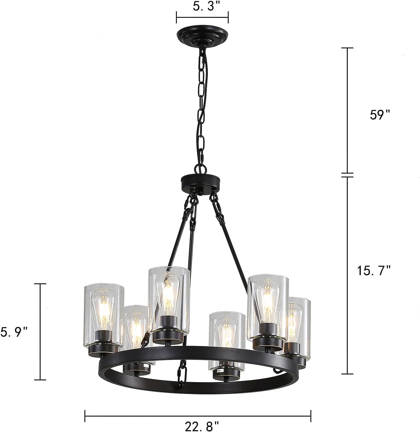 6-Light Large Industrial Rustic Farmhouse Wagon Wheel Chandelier Black Metal Large Round Dining Room Light Modern Rustic Light Fixture Iron Ring Chandelier Clear Glass Shade