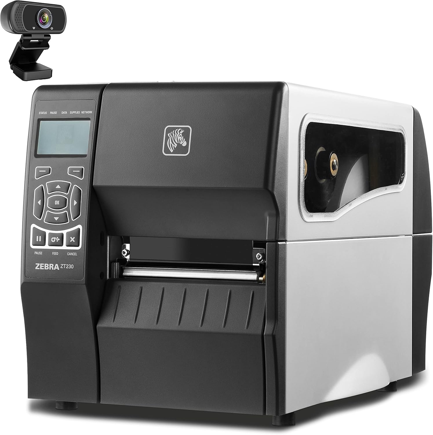 Zebra ZT230 Thermal Transfer and Direct Thermal Industrial Monochrome Black and White Barcode Label Printer, Black - LCD, 203 dpi, 6 ips, 4.0 Print Width, Serial and USB Ports - BROAG External Webcam