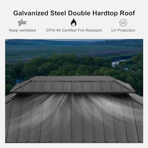 PURPLE LEAF 10' X 14' Permanent Hardtop Gazebo Aluminum Gazebo with Galvanized Steel Double Roof for Patio Lawn and Garden, Curtains and Netting Included, Grey