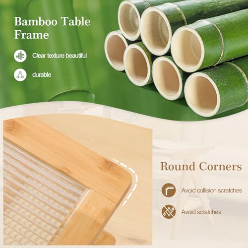 2-Tier Rattan Glass Coffee Table, Boho Bamboo Coffee Table with Glass Top & ABS Rattan Storage Shelf, Mid Century Modern Center Rectangle Coffee Table for Living Room, Small Space, Natural