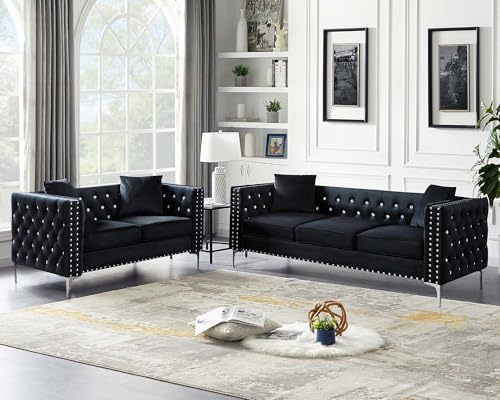Antetek Velvet Sofa Set for Living Room, Modern Upholstered Loveseat and 3 Seater Cloud Sofa Couches w/Crystal Buttons/Pillows for Living Room, Apartment, Office, Furniture Sets, Blue(2 Pieces)