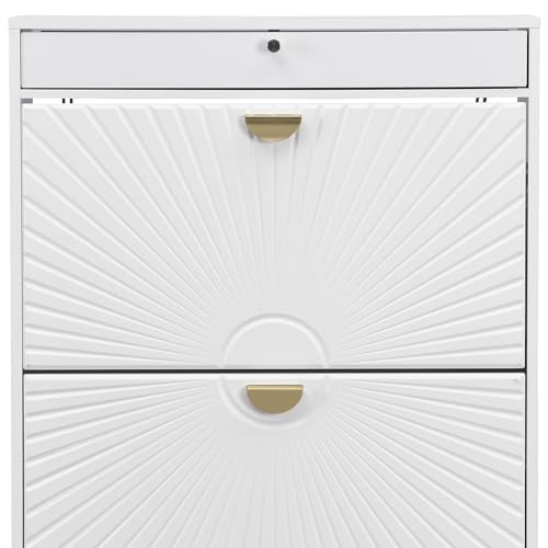 XIAO WEI Shoe Cabinet, Shoe Storage Organizer Cabinet with 2 Flip Wavy Line Drawers, Freestanding Shoe Rack with Adjustable Shelf for Entryway(White)