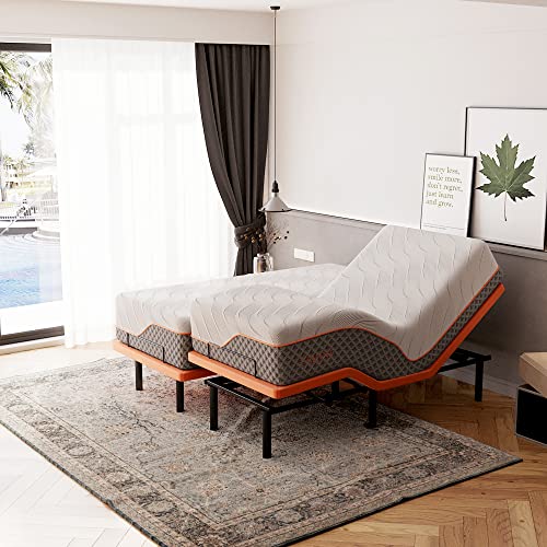 Split King Adjustable Bed Frame with Mattress - 14” Luxury Hybrid Mattress, Smart APP Contorl, Massage, Zero Gravity, Anti-Snore, 5 Minutes Installation, Head and Foot Incline, Medium Soft, Split King
