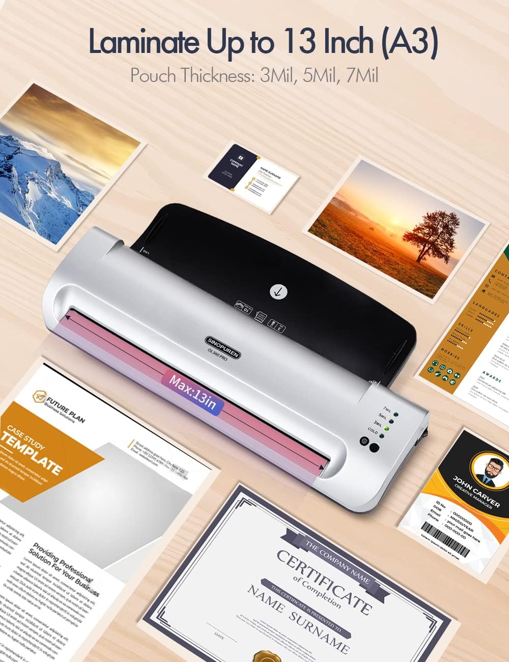 Laminator Machine, Sinopuren 13-inch Thermal Laminator, with Paper Trimmer, Corner Rounder, 10 Pouches Sheets, Quick Warm-Up, Cold and Hot Laminating for Home/School/Office
