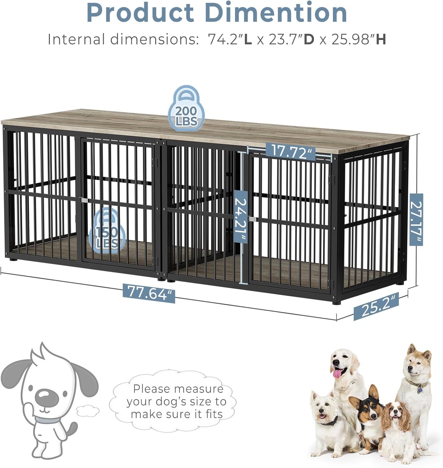 77.64''Dog Crate Furniture Large Breed TV Stand with Double Rooms,Wooden Dog Kennel Dog Crate End Table with Removable Divider for Large Medium Dogs, Can Use Separately