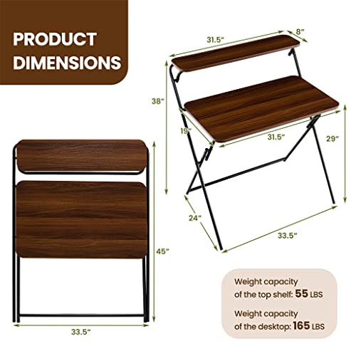2 Tier Folding Computer Desk Laptop Desk Home Office No Assemble Brown Desk (D (33.5x24x38)) (D (33.5x24x38))