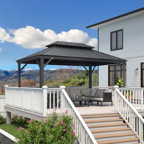 PURPLE LEAF 10' X 14' Permanent Hardtop Gazebo Aluminum Gazebo with Galvanized Steel Double Roof for Patio Lawn and Garden, Curtains and Netting Included, Grey