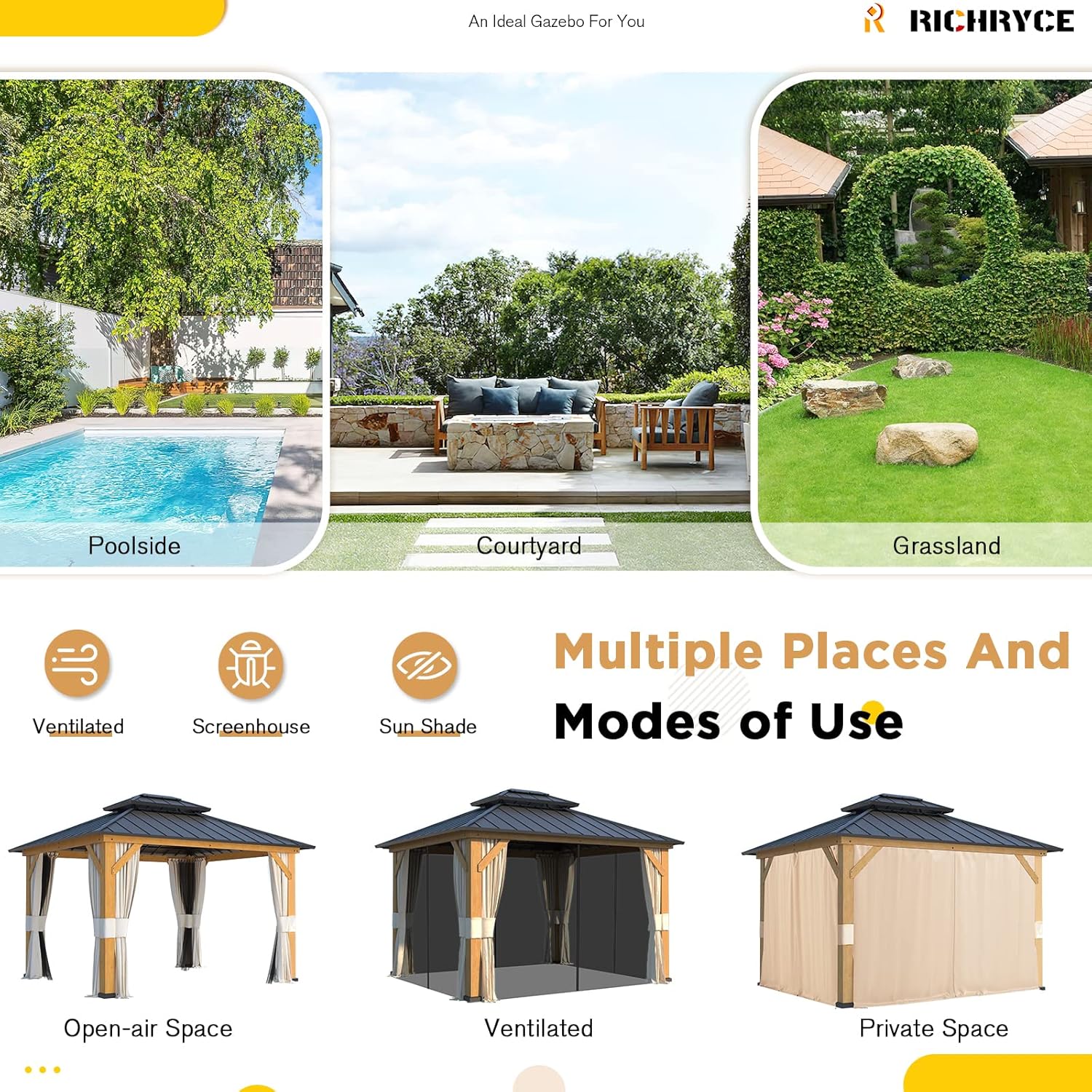 11' x 13' Solid Wood Gazebo, Hardtop Gazebo Plastic Sprayed Metal Roof Outdoor Gazebo Canopy Double Vented Roof Pergolas Wood Frame with Netting and Curtains for Garden, Patio, Lawns, Parties