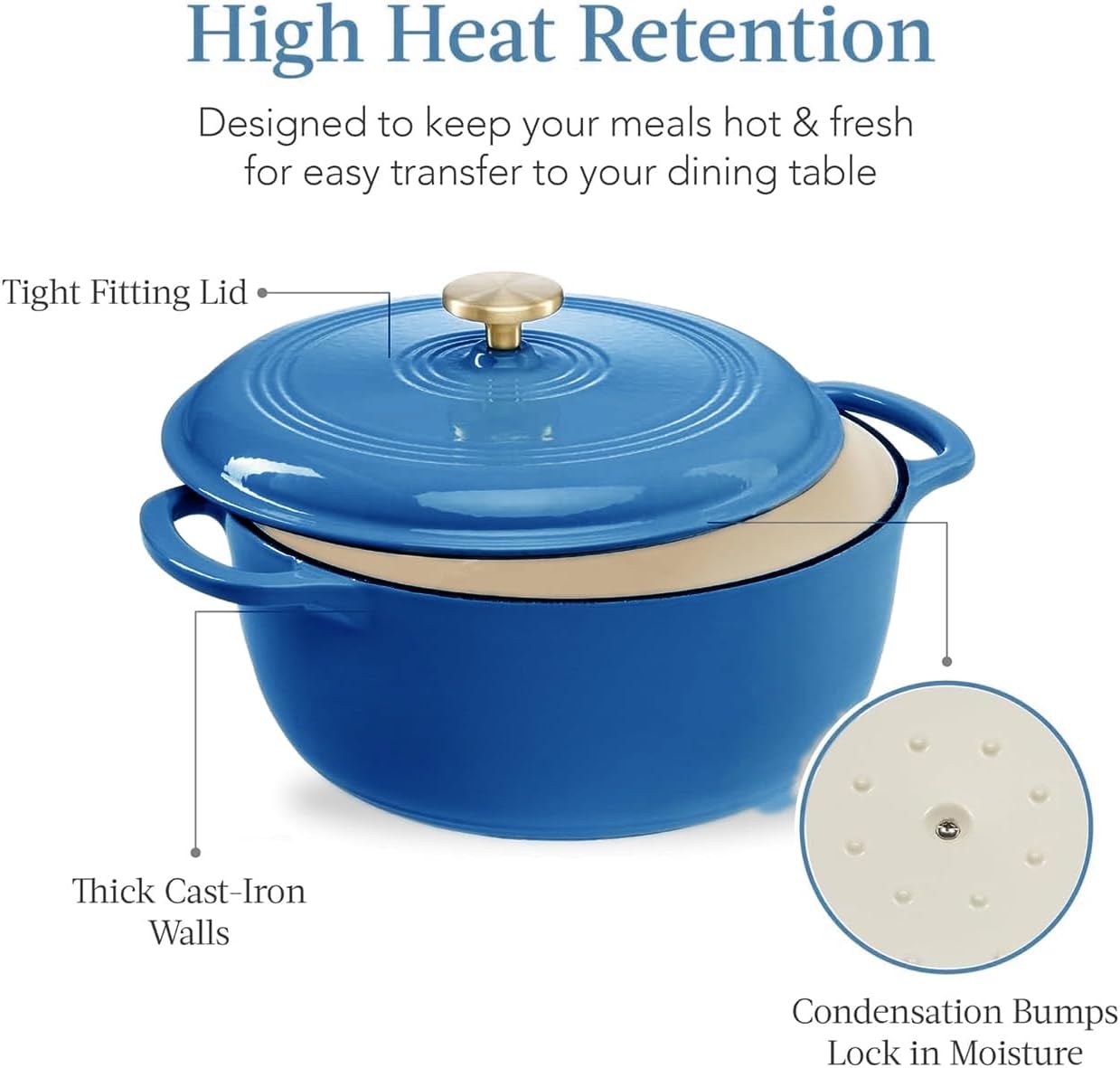7.5 Quart Enamel Cast-Iron Round Dutch Oven, Family Style Heavy-Duty Pre-Seasoned Cookware for Home, Kitchen, Dining Room, Oven W/Lid, Dual Handles